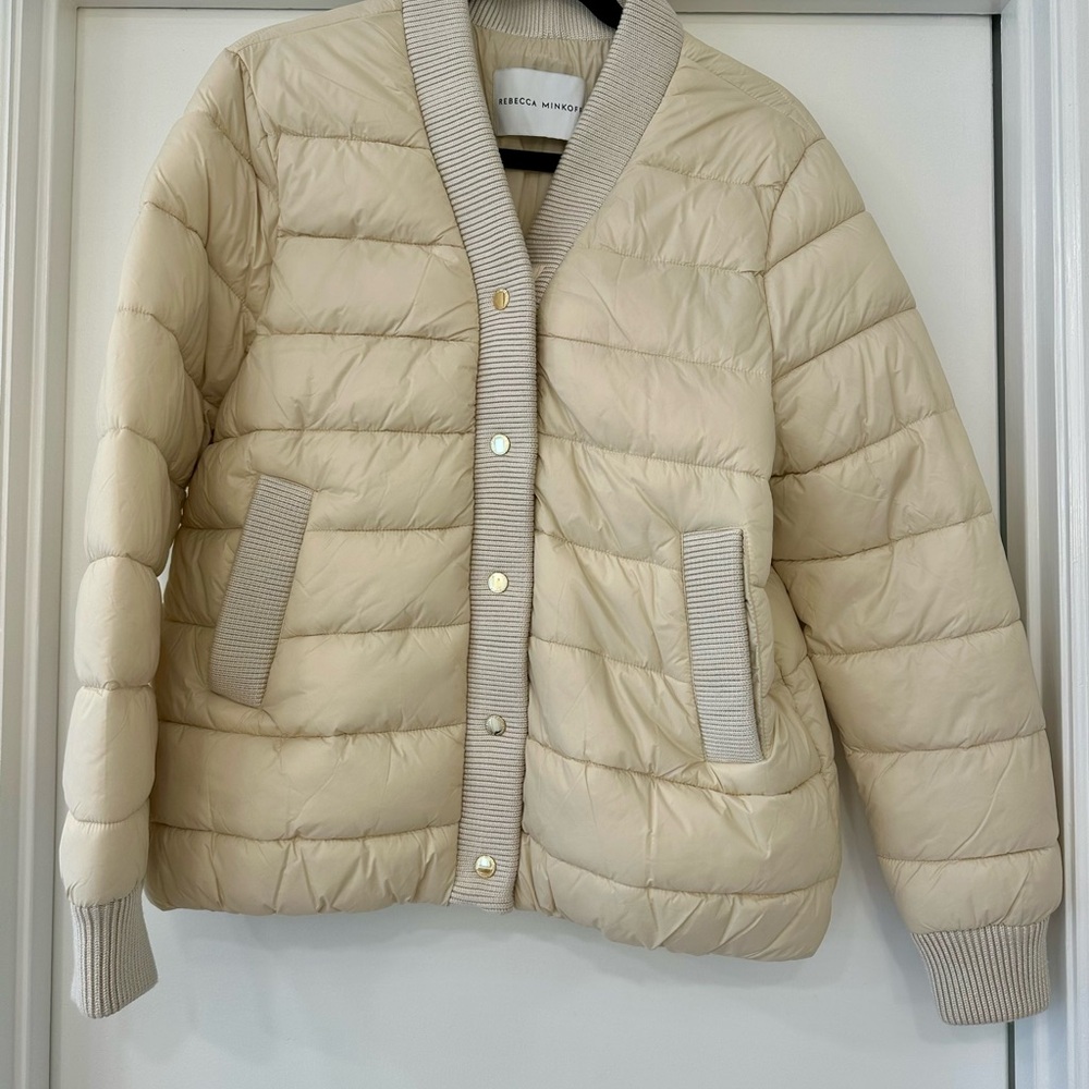 Rebecca Minkoff Cream Puffer Jacket with Gold Buttons. Size L
